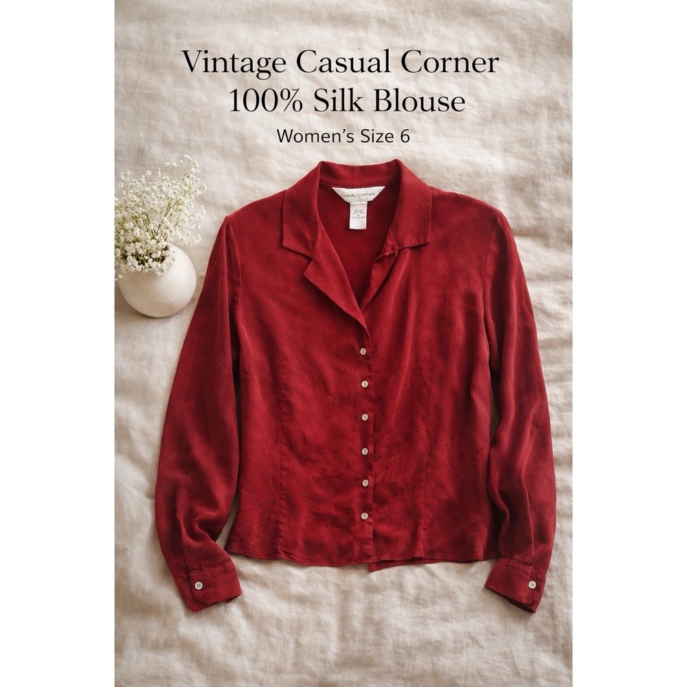 Vintage Casual Corner 100% Silk Ruby Red Blouse Button Up 90s Minimalist Sz 6
